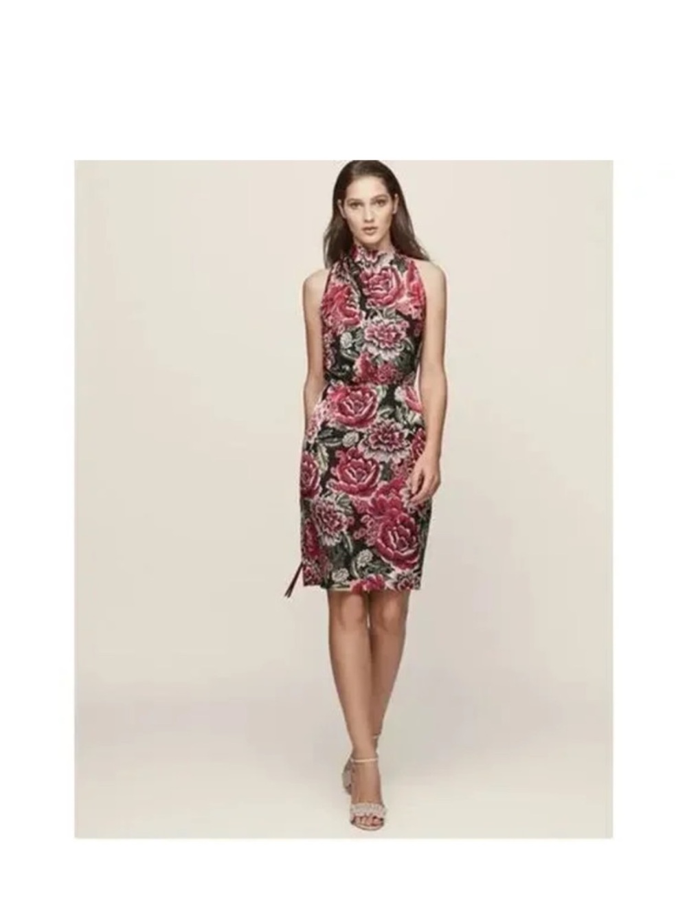 Reiss Xavi Burnout Rose-Print Halter Midi Dress in Pink and Black